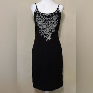 Kenar Black Sheath Floral Embroidered Detail Spaghetti Strap Lined Dress Size 4